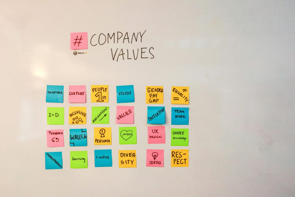 pexels-photo-15543045-15543045 A whiteboard with colorful sticky notes displaying various company values and themes.